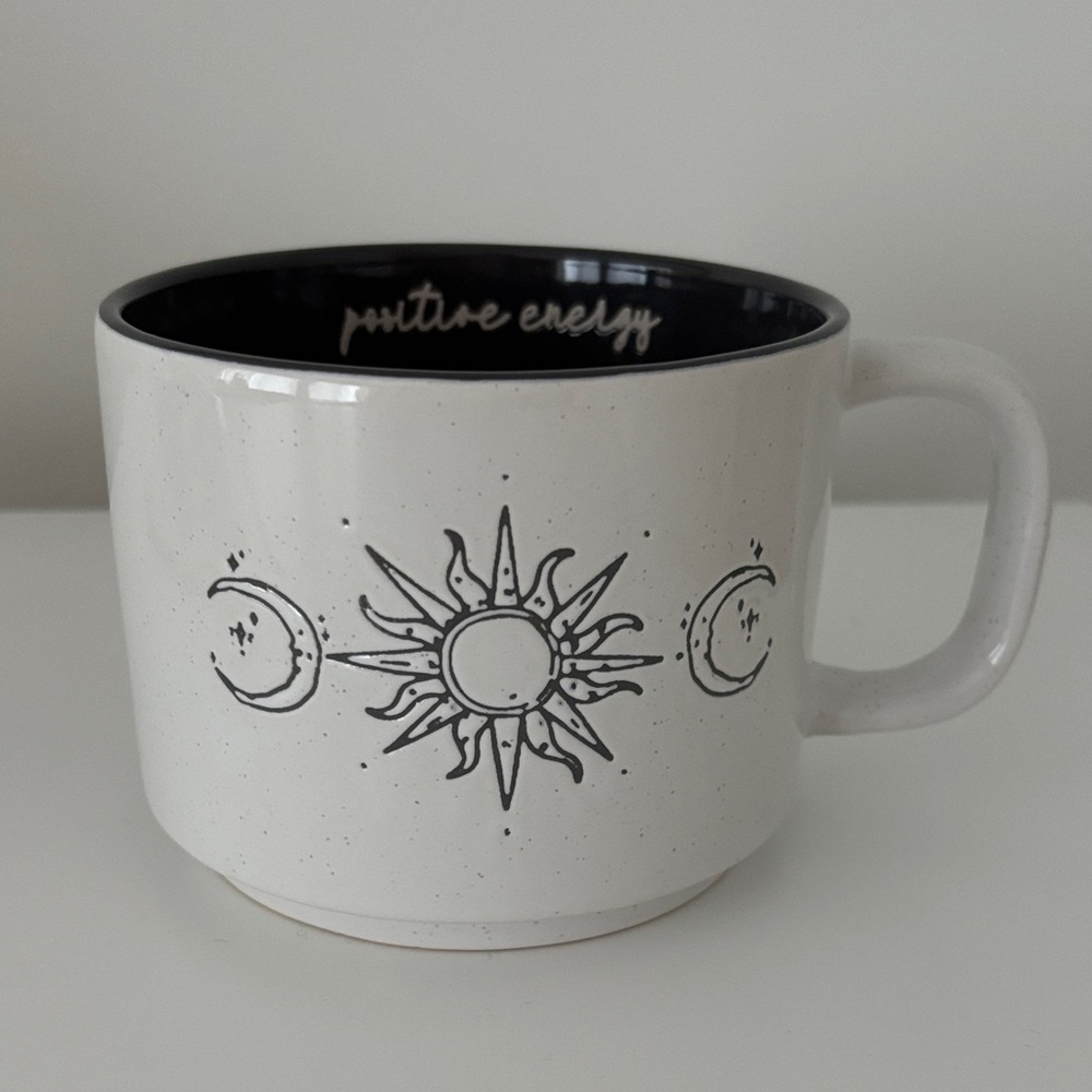 HAZEL & CO White Ceramic Mug with Sun and Moon Design ‘positive energy’ grey